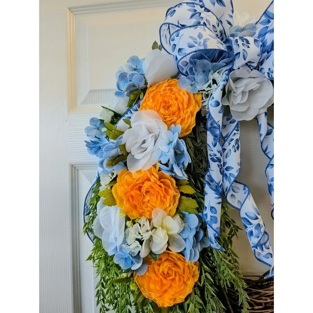 Hand Crafted Floral Grapevine Wreath 16 inch Yellow Ranunculus Blue Hydrangea